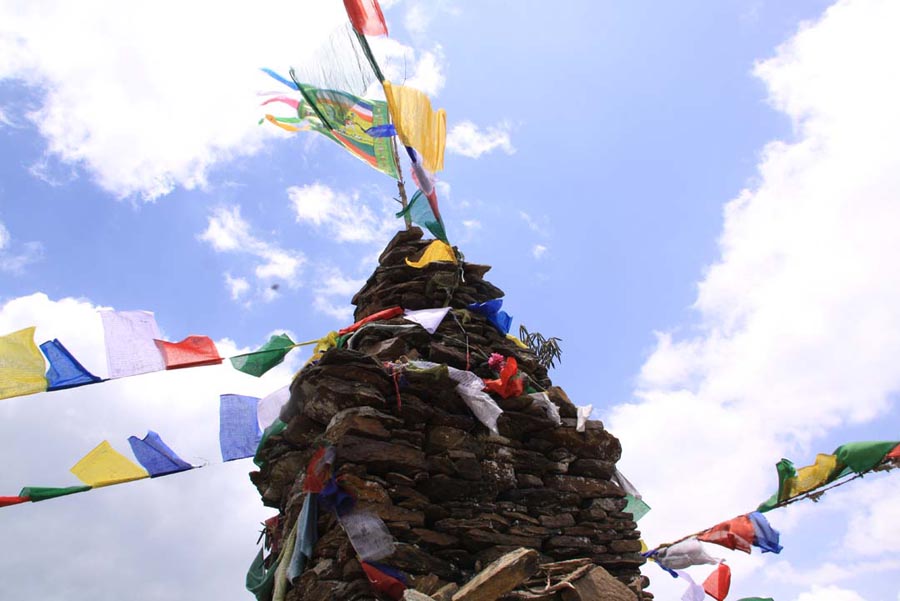 Prayer flags on a mountain pass in Bhutan